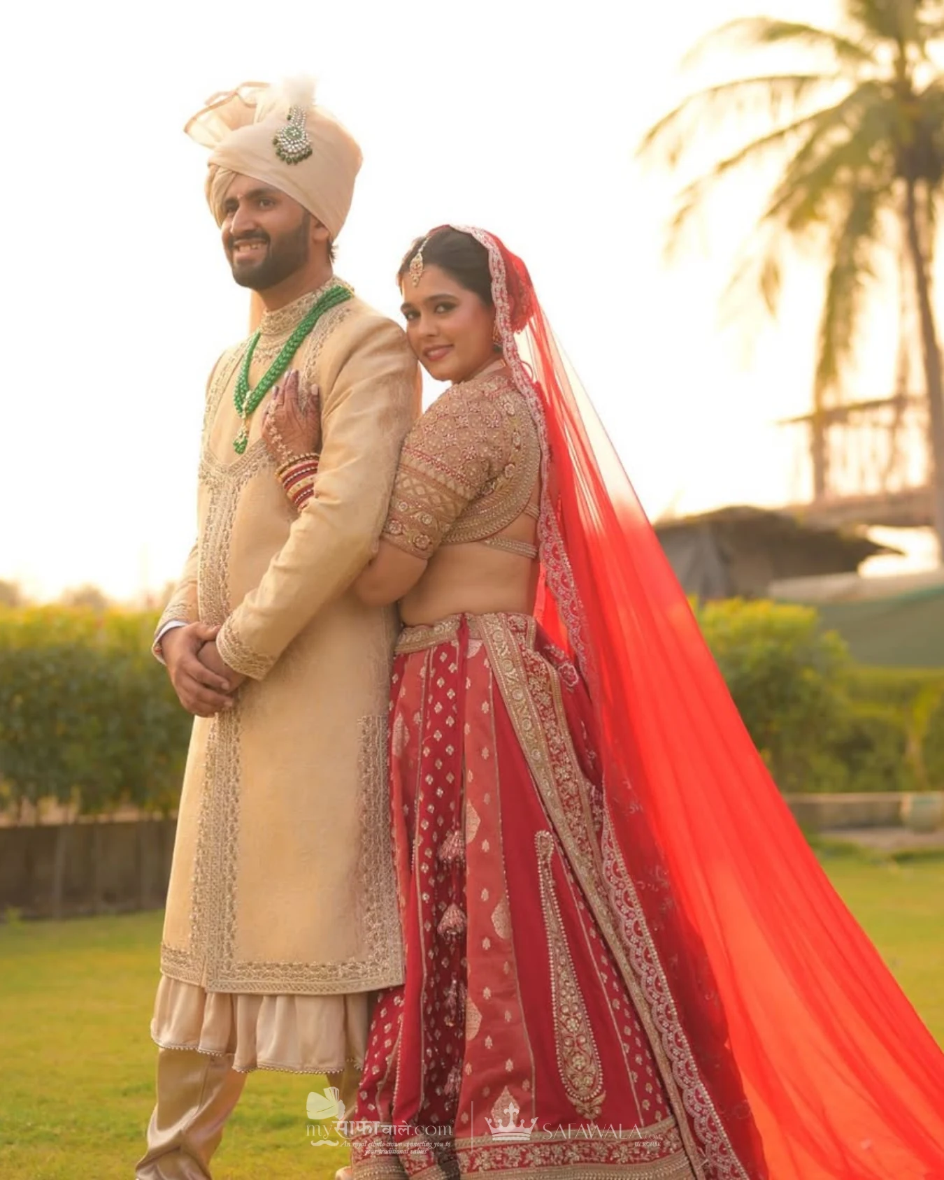Classic groom pagdi styled with a red ceremonial stole for Bamburi